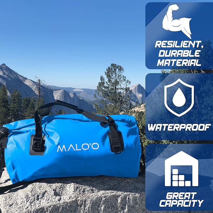 Malo’o Waterproof Dry Duffel, Heavy-Duty Roll Top Waterproof Gear Bag with Shoulder Strap & Molle Loops, Marine Duffel for Kayaking, Boating, Camping, Beach & Travel, Blue, 60L