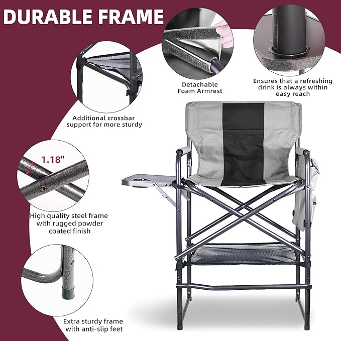 30" Tall Directors Chair with Side Table, 400LBS Bar Height Folding Camping Chair for Makeup Artists, Outdoor Events, Portable Foldable Chair with Cup Holder & footrest - Gray/Black