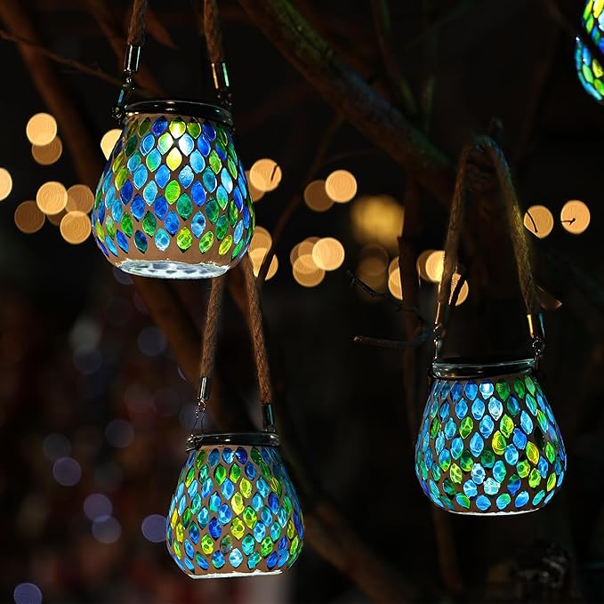 Cooo 4 Pack Mosaic Solar Lantern Outdoor Waterproof IP68 Hanging Projection Light Hidden Lid Pear-Shaped Lantern with Rope Handle Solar Powered Auto On for Patio Garden Fence Table - Azure Lattice