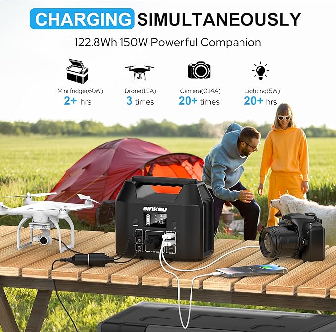 SinKeu Portable Power Station 122.8Wh, LiFePO4 Battery Solar Generator for Home Use, 150W Power Bank with AC Outlet for Camping, RV, Emergency Backup