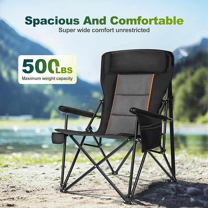 ALPHA CAMP Oversized Folding Camping Chairs for Adults High Backrest Heavy Duty Lawn Chairs Support 500 LBS Portable Camp Chairs with Cup Holders Large Side Pocket Outdoor Chair