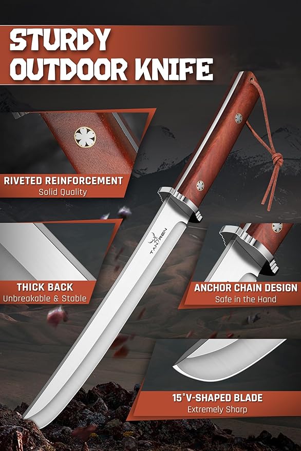 TAN REN Tanto Knife Fixed Blade, 8 Inch Survival Knives with Wooden Handle, Japanese Fixed Blade Knife with Sheath for Camping, Outdoor, Gift Knives for Men
