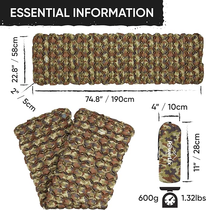 POWERLIX Camping Sleeping Pad - Ultralight Inflatable Camping Mattress Sleeping Mat for Backpacking, Hiking, Compact Lightweight Sleeping Pad for Camping, Inflation Bag/Repair Kit Included