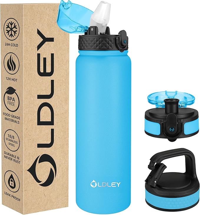 OLDLEY Insulated Water Bottle 32oz Water Bottles with Straw, Stainless Steel Water Bottle with 3 Lids, Double Wall Vacuum Bottles for Adult Kids, Sports Bottles for School Travel,Blue