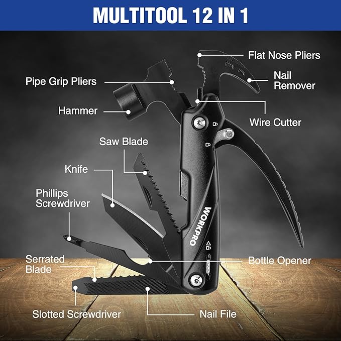 WORKPRO Multitool-12 in 1 Camping Tools with Mini Hammer-EDC Gear Multi Tools Hammer with Safety Lock and Pouch-Mini Multitools Gifts for Men and Women