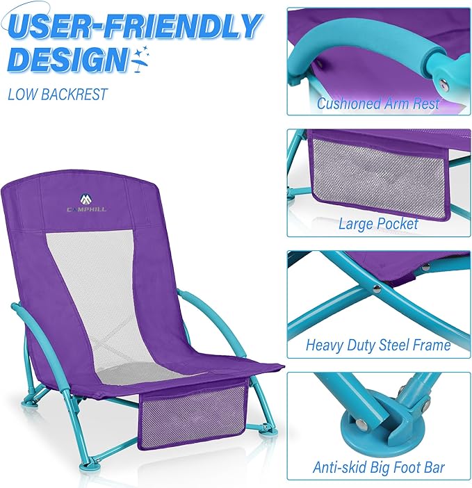Low Beach Chairs 2 Pack,Folding Compact Low Seat Chairs for Adults w/Mesh Back & Storage Bag,Heavy Duty Chair for Outdoor Sand,Travel,Camping,Picnic,Purple