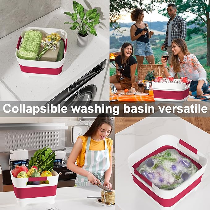 2.4 Gal Collapsbile Wash Basin with Drian Plug,9L Dish Pan for Soaking Baby Bottles,Portable Sink, Multiuse Foldable Bucket,Ice Beverage Tubs for Camping, Vegetable Washing, RV (Viva Magenta)