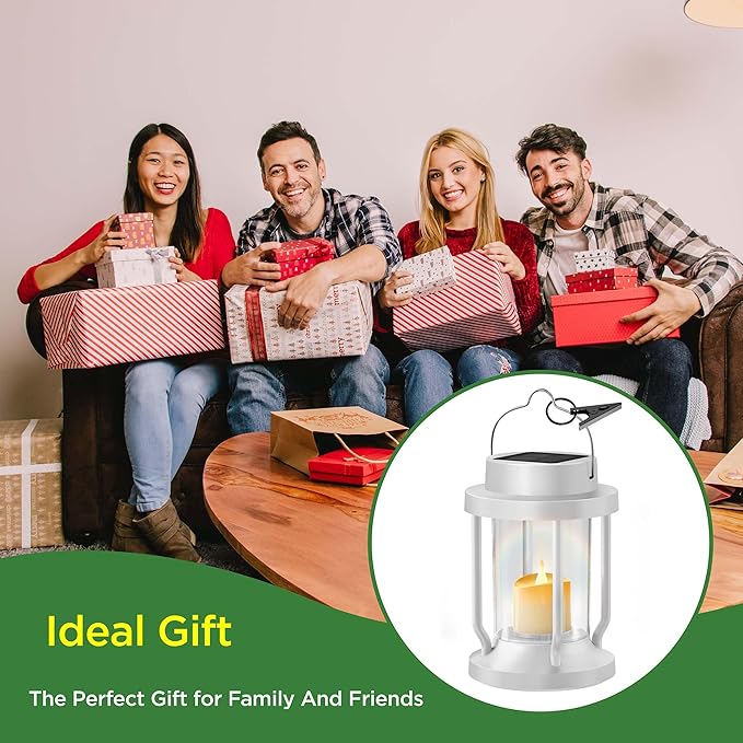 Solar Lantern Outdoor & Indoor Use – Hanging Solar Lights with Realistic Flickering Flameless Candle, Weatherproof for Gardens, Patios, Trees, and Lawns (White, 4 Pack)