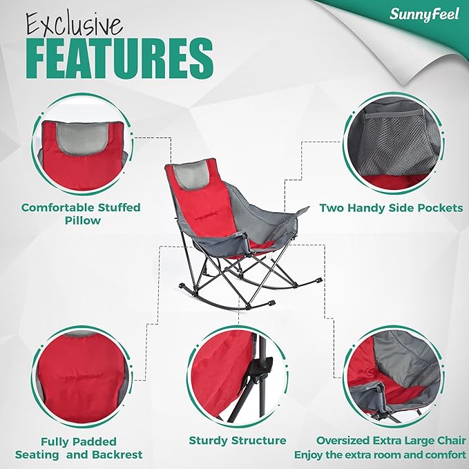 SUNNYFEEL Rocking Camping Chair, Luxury Padded Recliner, Oversized Folding Lawn Chair with Pocket, Heavy Duty for Outdoor/Picnic/Lounge/Patio, Portable Camp Rocker Chairs with Carry Bag