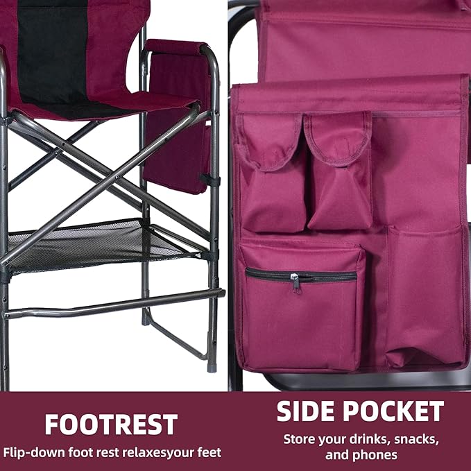 30" Tall Directors Chair with Side Table, 400LBS Bar Height Folding Camping Chair for Makeup Artists, Outdoor Events, Portable Foldable Chair with Cup Holder & footrest - Wine Red/Black