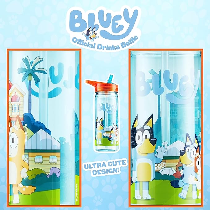 Bluey 560ml/580ml Plastic Water Bottle with Straw, BPA Free, 3D Travel Reusable Bottle, Perfect for Nursery, Preschool, Sports, Days Out