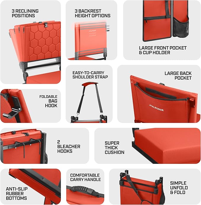 Folding Reclining Stadium Seats with Back Support for Bleachers, Bleacher Chairs with Back and Cushion Seating for Football, Camping Chair, Kayak Seat, Canoe, Paddle Board, Concerts, & Sports Events