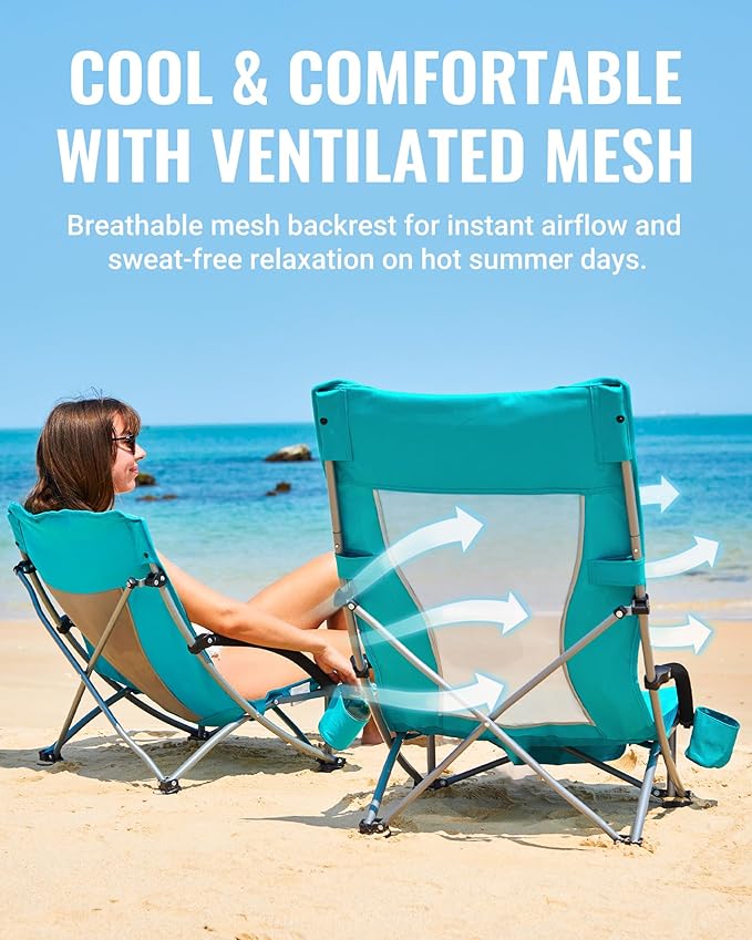 KingCamp Low Beach Chairs, Portable Folding Chair for Adults Extra Wide Ergonomic High Back Seat 300lbs Heavy Duty Lightweight Oversized Gear with Carry Bag for Outdoor Lawn Camping Picnic