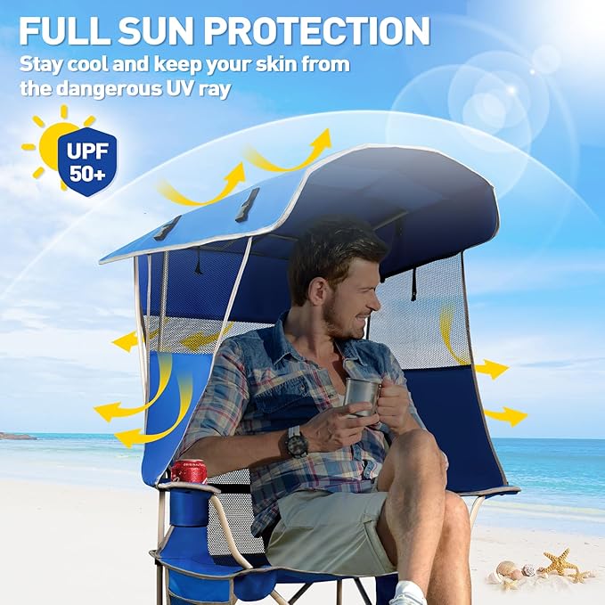 MENOLY Camping Chair with Shade Canopy, Folding Canopy Chair with Cooler Bag for Outdoor Sports, Lawn Chairs with Extra Storage Space, Sturdy Steel Frame for Camping, Beach, Tailgates, Fishing
