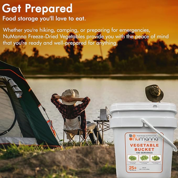 Numanna Mega Emergency Freeze-Dried 6 Vegetables Buckets 600 Servings Contains Peas, Green Beans & Broccoli | Non-GMO, No Preservatives, No MSG Camping & Emergency Survival Food 25 Years Shelf Life