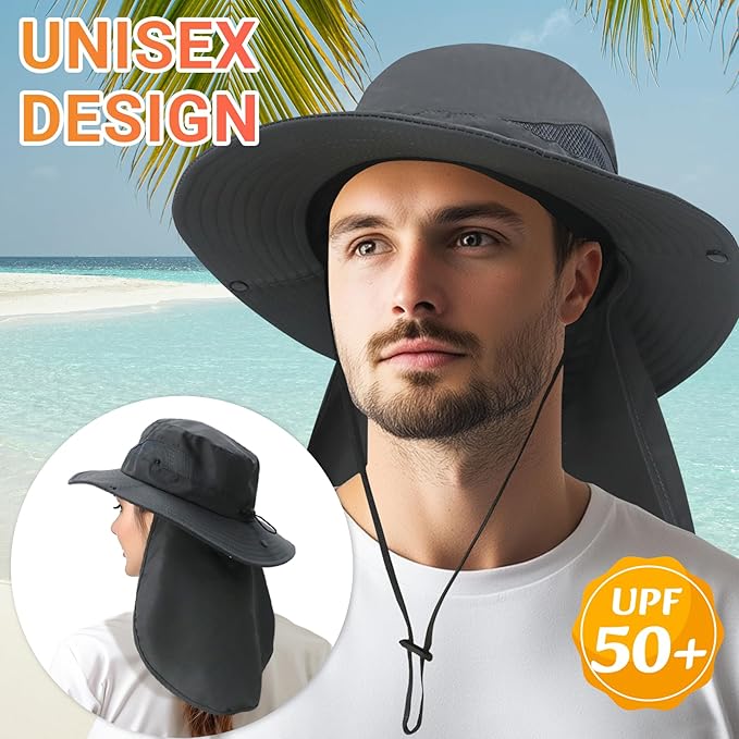NPQQUAN Sun Hats for Men Women with Neck Flap UPF 50+ UV Protection Wide Brim Bucket Hat Safari Hiking Fishing Hats