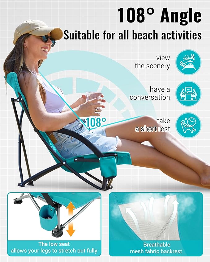 KingCamp Low Beach Chairs, Portable Folding Chair for Adults Extra Wide Ergonomic High Back Seat 300lbs Heavy Duty Lightweight Oversized Gear with Carry Bag for Outdoor Lawn Camping Picnic