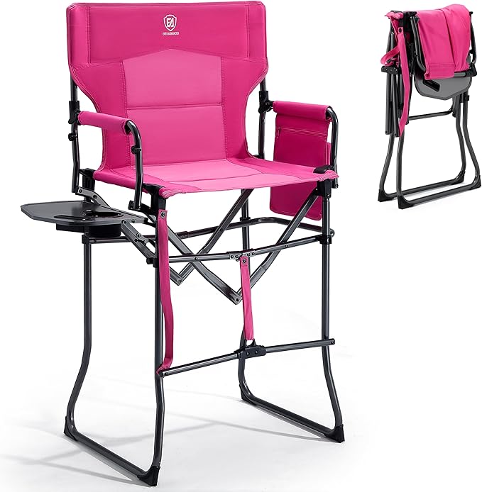 EVER ADVANCED Portable 30.7" Seat Height Tall Folding Camping Chair Directors Chair High Foldable Bar Stool with Side Table for Makeup Artist, Sports Event, Craft Show, Supports 350LBS Pink
