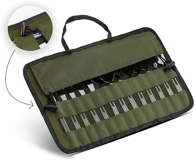 13 Piece Stainless Steel Family Cutlery Picnic Utensil Set with Travel Case for Camping | Hiking | BBQs - Includes Forks | Spoons | Knifes | Chopstick, Plus Nylon Commuter Case (Green)