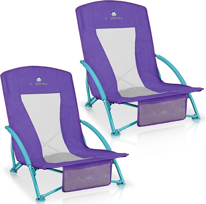 Low Beach Chairs 2 Pack,Folding Compact Low Seat Chairs for Adults w/Mesh Back & Storage Bag,Heavy Duty Chair for Outdoor Sand,Travel,Camping,Picnic,Purple