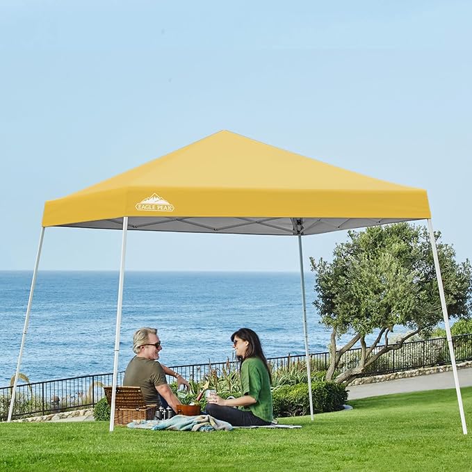 EAGLE PEAK 10x10 Slant Leg Pop-up Canopy Tent Easy One Person Setup Instant Outdoor Beach Canopy Folding Portable Sports Shelter 10x10 Base 8x8 Top (Yellow)