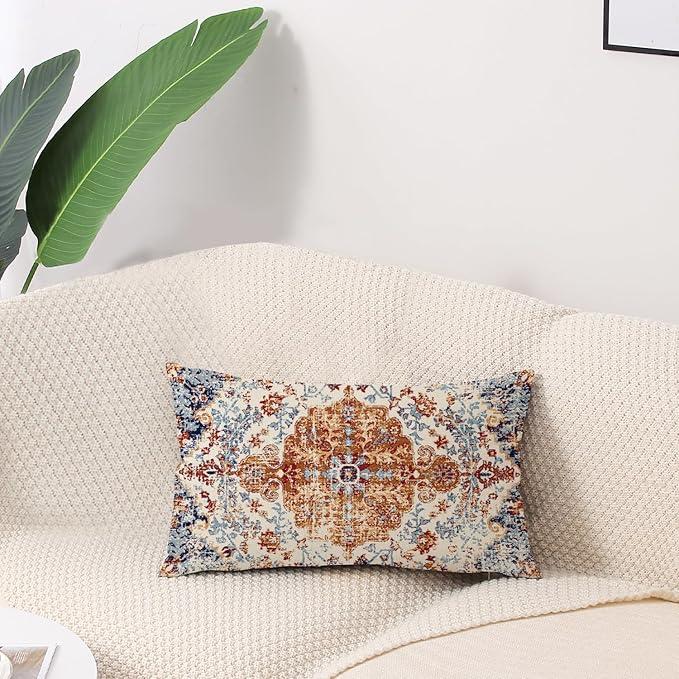 Outdoor Waterproof Pillow Covers 12X20 Inch Set of 2 Bohemian Vintage Carpet Pattern Pillow Covers Brown Blue Ethnic Design Decorative Farmhouse Pillow Covers for Couch Garden Balcony