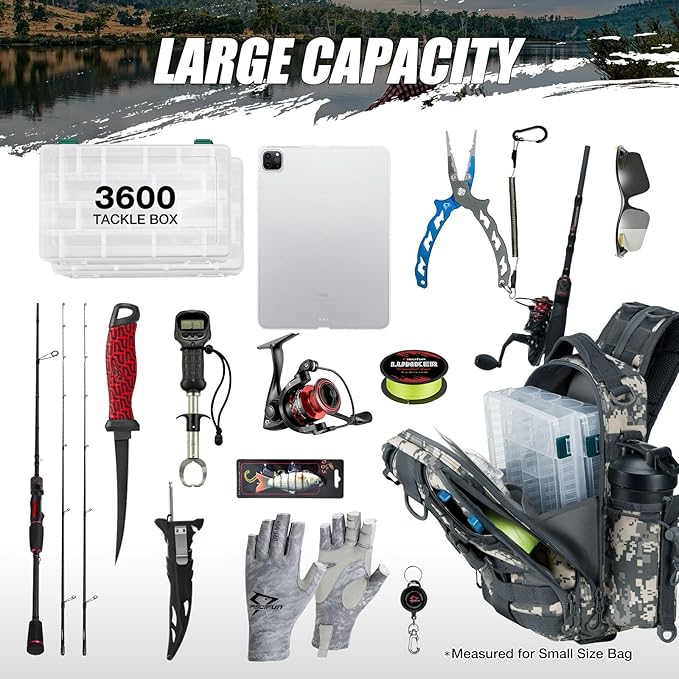 Piscifun Fishing Backpack with Rod Holder, Lightweight Sling Bag Storge Gear and Equipment
