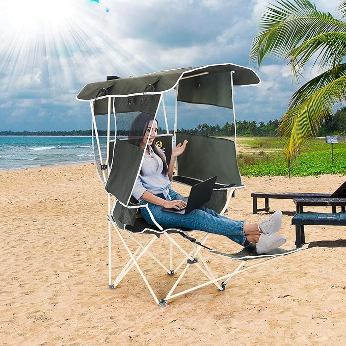 Nice C Chair with Canopy, Umbrella Chairs, Chair with Shades, Sports Chairs, w/Removable Footrest, Cooler Bag, Cup Holder for Camping, Fishing, Sports, Beach (1-P Green)