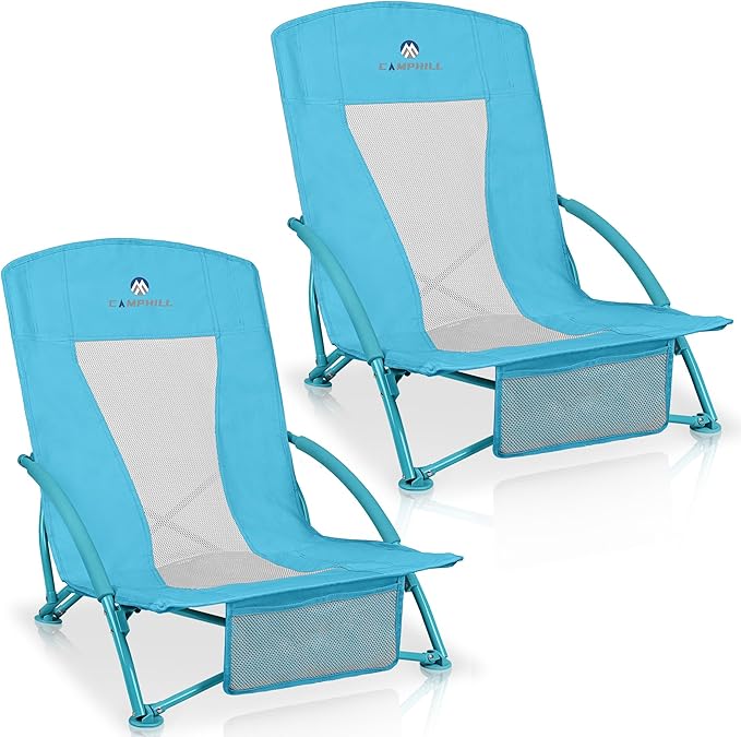 Low Beach Chairs 2 Pack,Folding Compact Low Seat Chairs for Adults w/Mesh Back& Storage Bag,Heavy Duty Chair for Outdoor Sand,Travel,Camping,Picnic,Blue