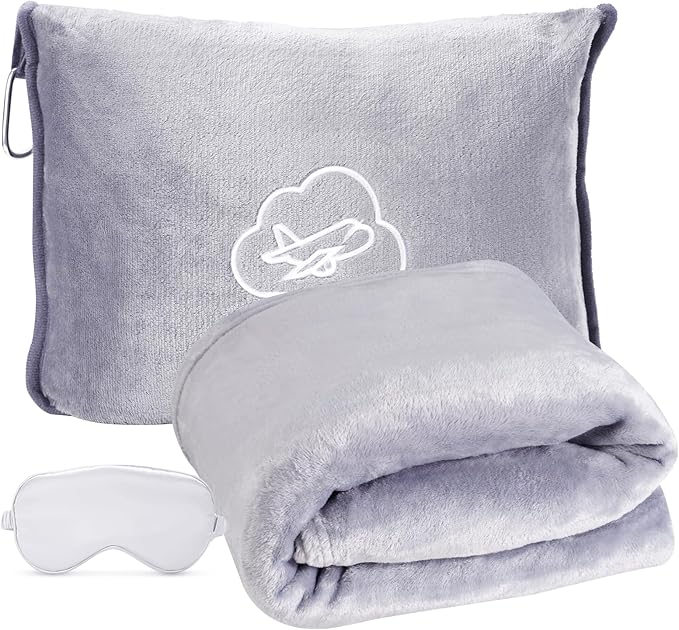 Travel Blanket, Ultra-Soft, Warm & Lightweight Travel Blanket Airplane with Bag, 65x40 in, Airplane Travel Essentials for Women, Men & Kids, Included Eye Mask, Luggage Sleeve & Backpack Clip