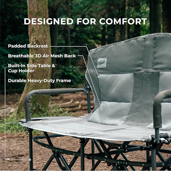 Oversized Double Portable Folding Director’s Loveseat Chair with Padded Backrest, Side Table | Outdoor Sports, Beach, Lawn, Hunting, Tailgating, Fishing| Supports 300 Lbs/Seat