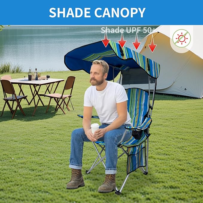 Portable Camping Chair with Adjustable Canopy Shade- Folding Camping Lounge Chair with Cup Holder & Side Pocket for Outdoor Camping, Fishing, Beach - Support 330 LBS (STREAK-2PK)