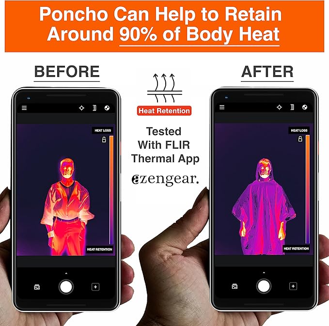 aZengear Emergency Survival Poncho (4pc) Thermal Mylar Foil Blanket for Heat Retention and Rain | Reversible with Hood | Waterproof, Windproof, Portable, Hands-Free, Outdoor Kit (Orange)