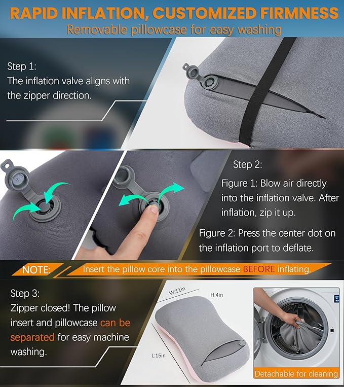 Inflatable Neck Pillow for Travel Camp Beach Small Ultralight Air Blow Up Kilos Gear Tanning Accessories Airplane Seat Cushion Lab Long Flight Essentials Plane Flying Oversea Business Airline Umrah
