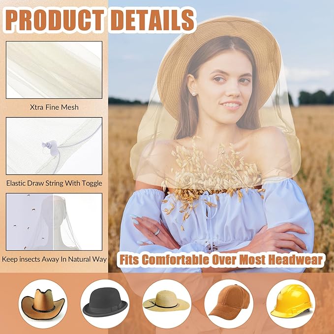 Hestya 2 Pack Mosquito Head Mesh Net Midge Insects Bugs Head Face Net Protecting for Outdoor Hiking Camping Climbing Walking(Beige, Light Gray)