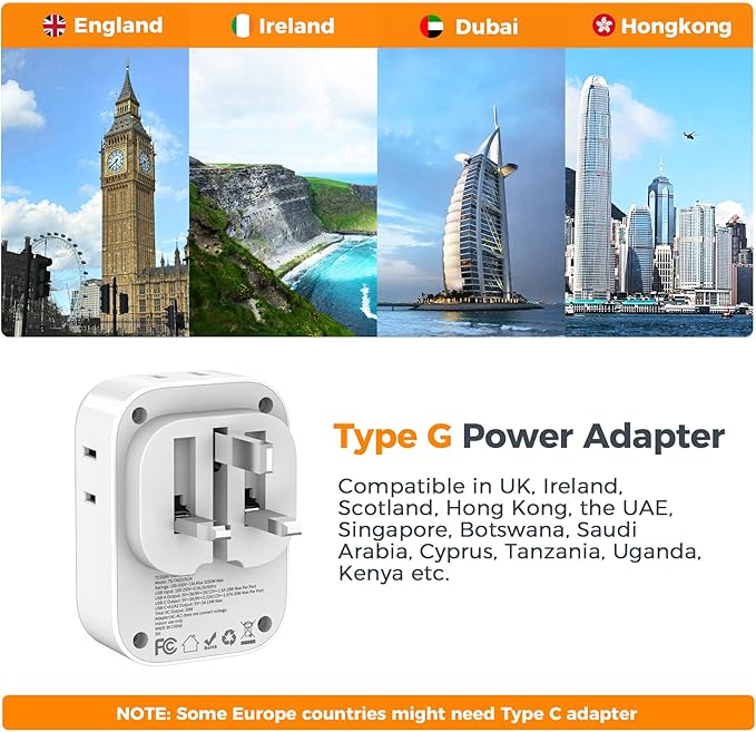 UK Adapters for Travel, TESSAN US to UK Ireland Plug Adapter 20W, Foldable Power Adaptor with 4 Outlets 3 USB(PD 20W 1 USB C) Charger, Type G for USA to Scotland London England HongKong Dubai Irish