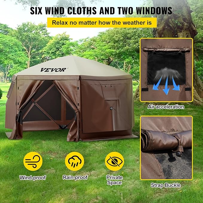 VEVOR Pop Up Gazebo Screen Tent, Pop-Up Instant Gazebo Tents with Mosquito Netting Outdoor Canopy, 6 Sided Sun Shelter 10x10ft with 6 Removable Wind Cloths & 2 Mesh Windows, Pavilion Tent for Patio