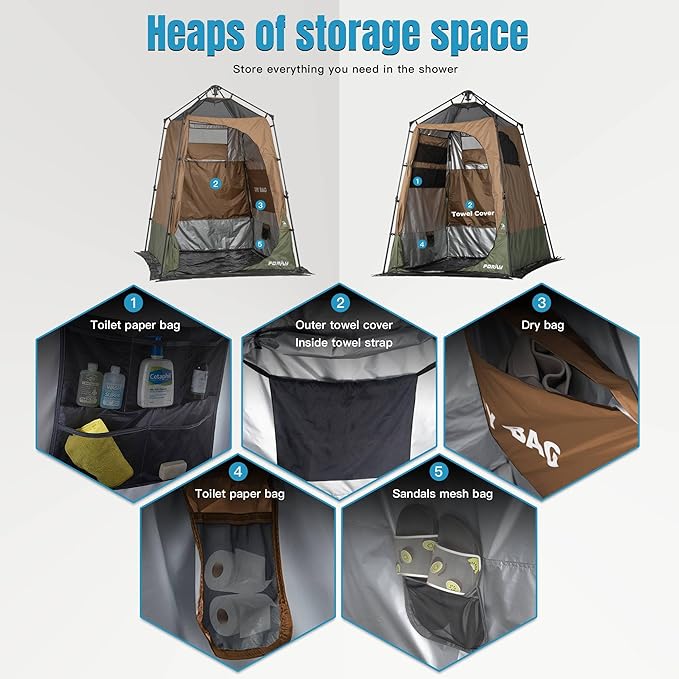 Camping Shower Tent Deluxe Changing Room Easy Set Up Privacy Shelter,Large Toilet Tent with Floor Drain Design for Beach, Camping,Hiking with Stakes and Ropes for Stability