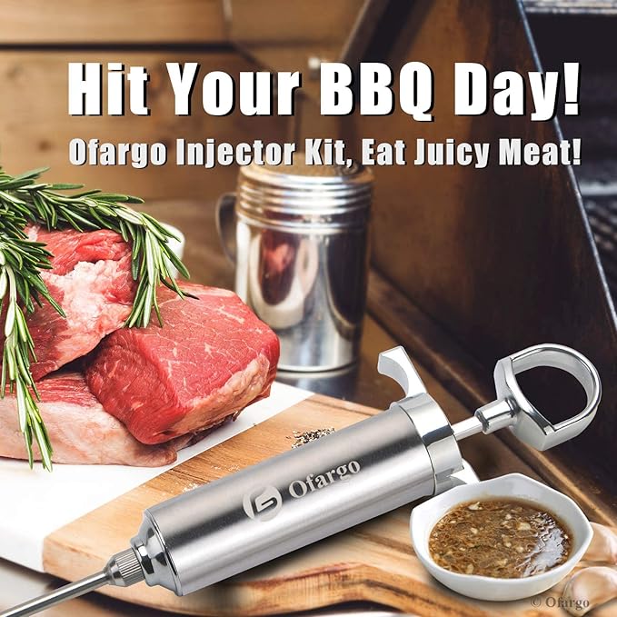 Stainless Steel Meat Injector Syringe Kit with 4 Marinade Needles for BBQ Grill Smoker, 2-oz Large Capacity, Both Paper User Manual and E-Book Recipe