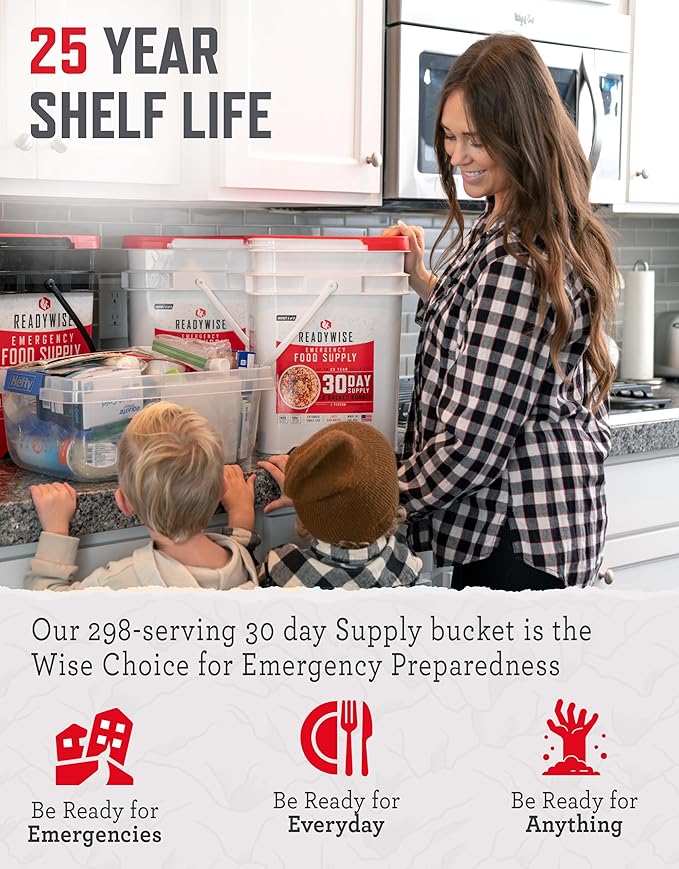 ReadyWise 30 Day Emergency Food Supply - 296 Servings, 2 Buckets, Freeze Dried Protein Meals, Survival Food Storage, Ready to Eat, Backpacking & Camping Essentials, up to 25 Year Shelf Life