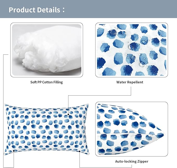 Outdoor Lumbar Pillows 12x20 inch, Rectangle Throw Pillows with Inserts, Decorative Lumbar Cushions for Patio Furniture Garden Couch Home Sofa Office Chair, Pack of 2, Brush Blue