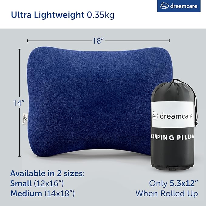 DREAMCARE Camping Pillow, Memory Foam Travel Pillow, Camping Accessories - Small Pillow Camping Essentials Camping Pillows for Sleeping, Backpacking Pillow, Travel Pillows for Sleeping (Medium,Blue)