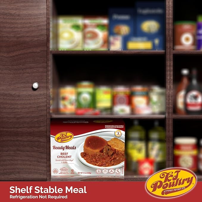 KJ Poultry Kosher Ready Meals - Beef Chulent & Kugel, MRE Meat Meals Ready to Eat, Shabbat Food (6 Pack) Prepared Entree Fully Cooked, Shelf Stable Microwave Dinner Travel, Military, Camping, Survival