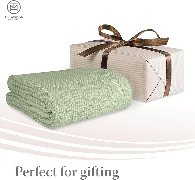 Threadmill Luxury Cotton Blankets for Twin Size Bed | All-Season 100% Cotton Twin Blanket for Bed | Herringbone Soft & Cozy Fall Thermal Blanket, 350GSM, 68x92 inches | Sage Green