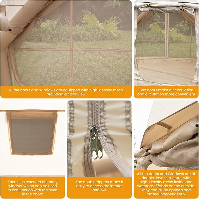 Outdoor Inflatable Camping Tent, 2/4/6/Person Glamping Inflatable Tents for Camping, Three Minutes Setup Tents,Beige Canvas with Mosquito-Proof Mesh Windows