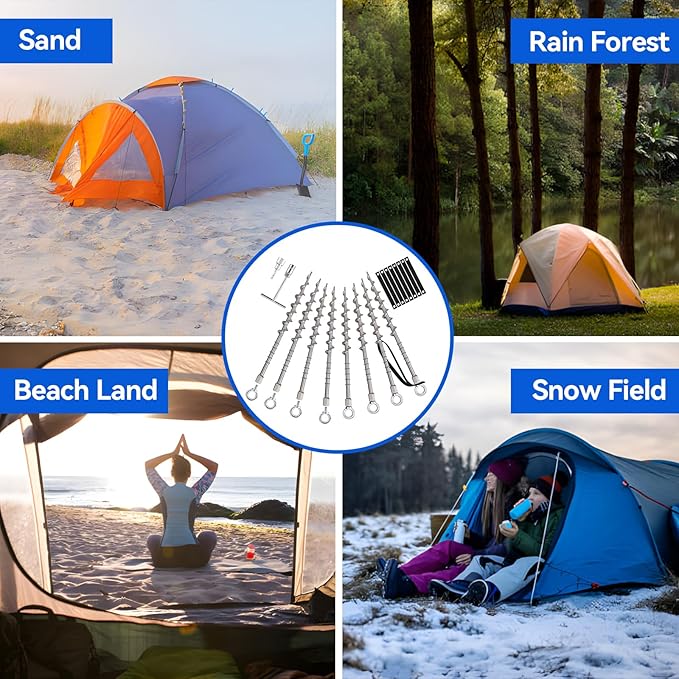 8 PCS Screw in Tent Stakes for Women Men Ground Anchors for Sand, Trampolines, Camping - Aluminium Heavy Duty Rust Prevention Pegs Spikes Drillable Threaded Anchor Stake - Silvery 14 inch
