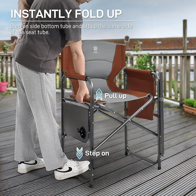 EVER ADVANCED Medium Tall Directors Chair Foldable Makeup Artist Chair Bar Height with Side Table Cup Holder and Pocket Footrest, Supports 400LBS (Red Brown, Seat Height: 23.2 inches)