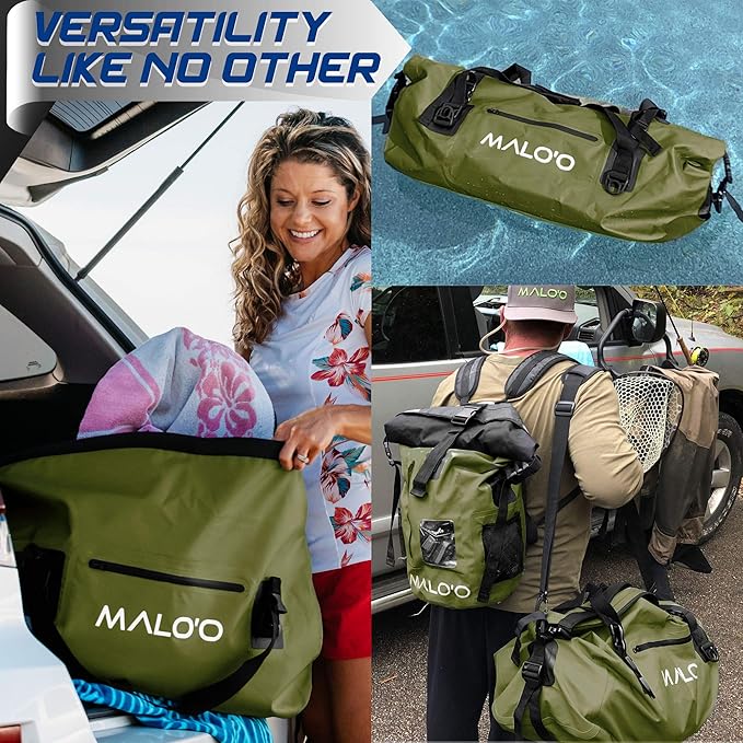 Malo’o Waterproof Dry Duffel, Heavy-Duty Roll Top Waterproof Gear Bag with Shoulder Strap & Molle Loops, Marine Duffel for Kayaking, Boating, Camping, Beach & Travel, Dark Green, 40L