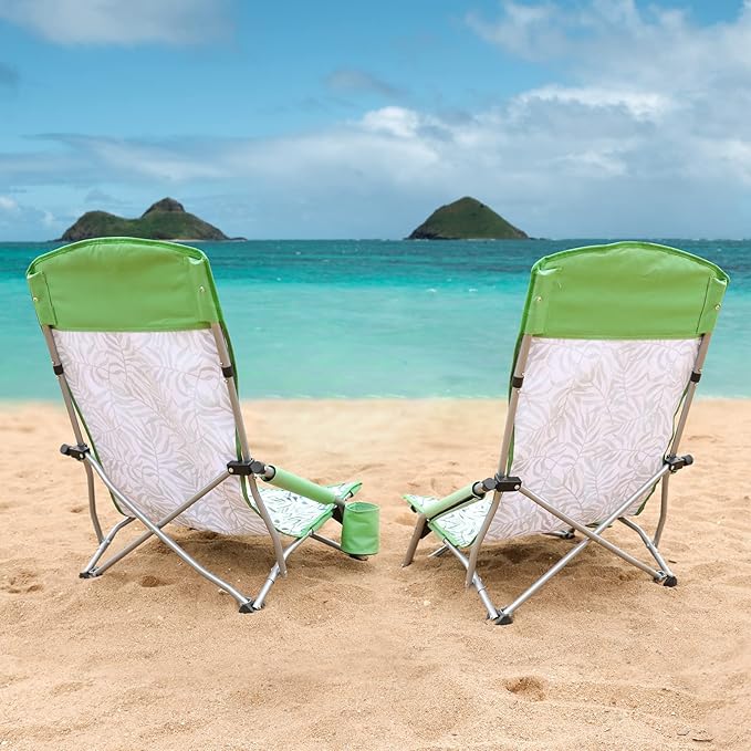 VILLEY Low Beach Chairs for Adults 2 Pack, High Back Folding Chairs, Lightweight and Portable for Outdoor, Camping, Lawn, with Cup Holder and Carry Bag - Green Tropical Leaves