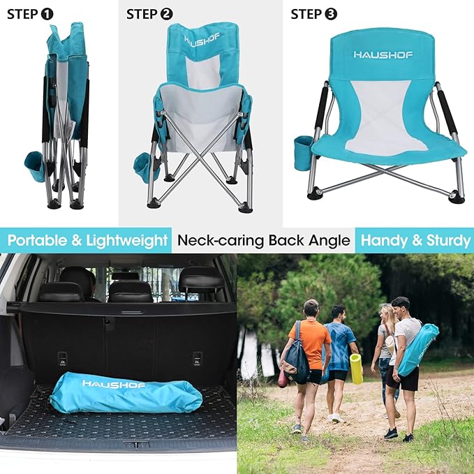 HAUSHOF Low Beach Chair, Mesh Back Folding Chair, Lightweight Low Seat Camping Chairs with Cup Holder, Carry Bag, Padded Armrest, for Outdoor Beach Lawn Camping Picnic Festival